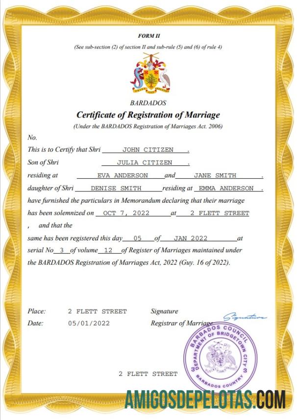 Realista modelo Word e PDF de certidão de casamento de Barbados